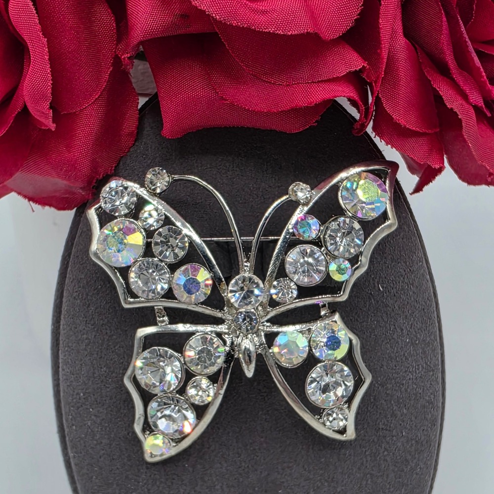 Silver Tone Butterfly Brooch Clear Aurora Borealis Rhinestone Crystal Pin Glam